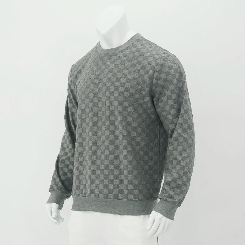 2024 Autumn/Winter New Men's Knitwear Heavyweight Jacquard Checkerboard Round Neck Casual Bottom Long sleeved Top