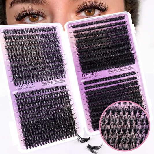 MAGEFY DIY Lashes Extensions Kit 800pcs Lash Clusters 80D/100D Wispy Individual Lashes Mix 9-18mm Cluster Eyelash Extension