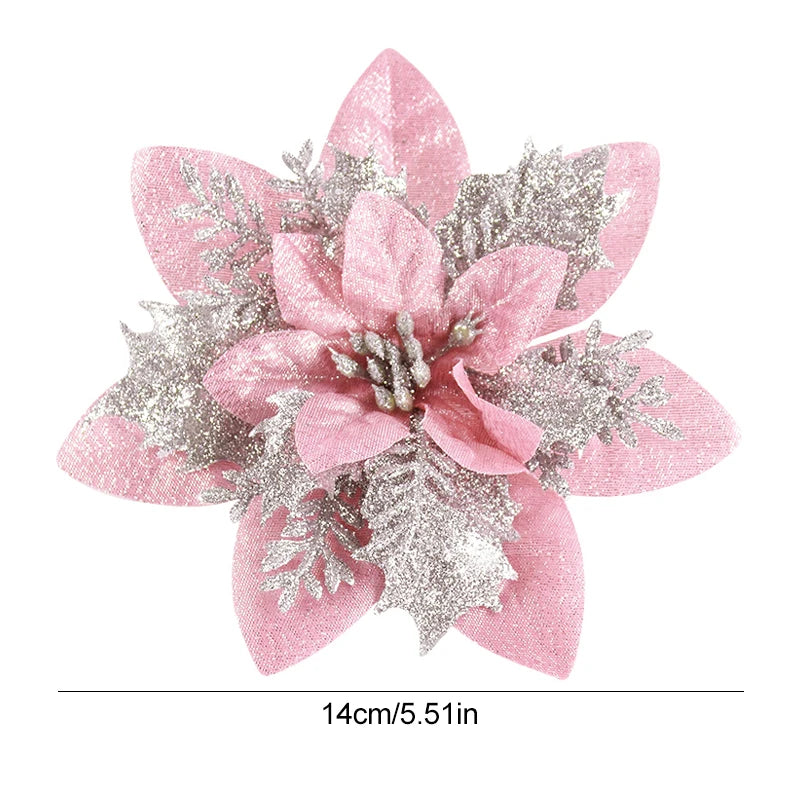 5/10Pcs Glitter Pink Christmas Flowers Xmas Tree 14cm Artifical Flower Ornaments 2024 Christmas Decoration For Home New Year