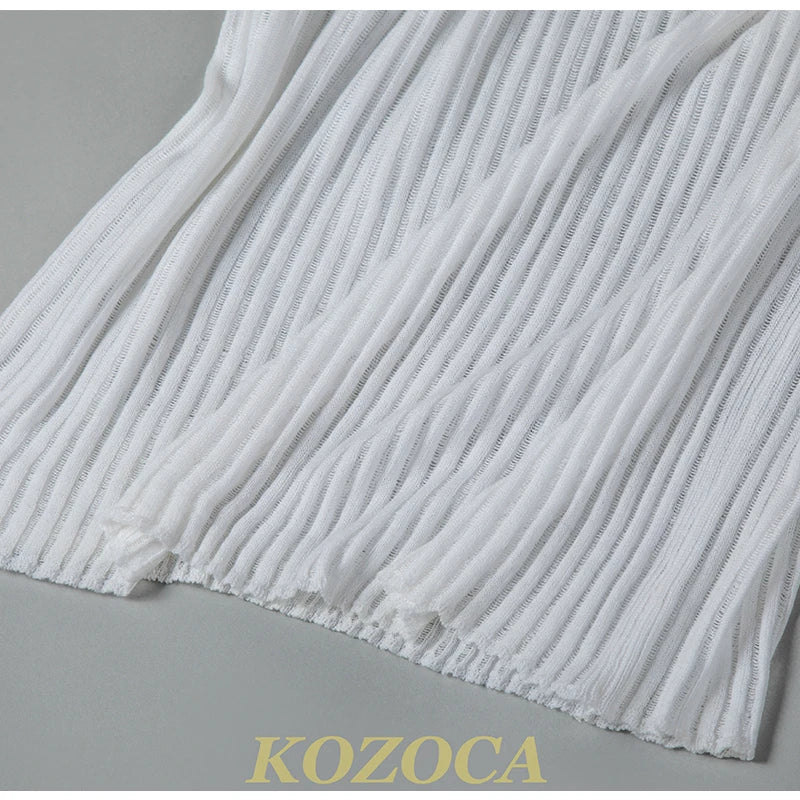 Kozoca 100% Wool Chic White Elegant Striped See Through Women Tops Outfits Short Sleeve T-Shirts Tees Skinny Club Party Clothes