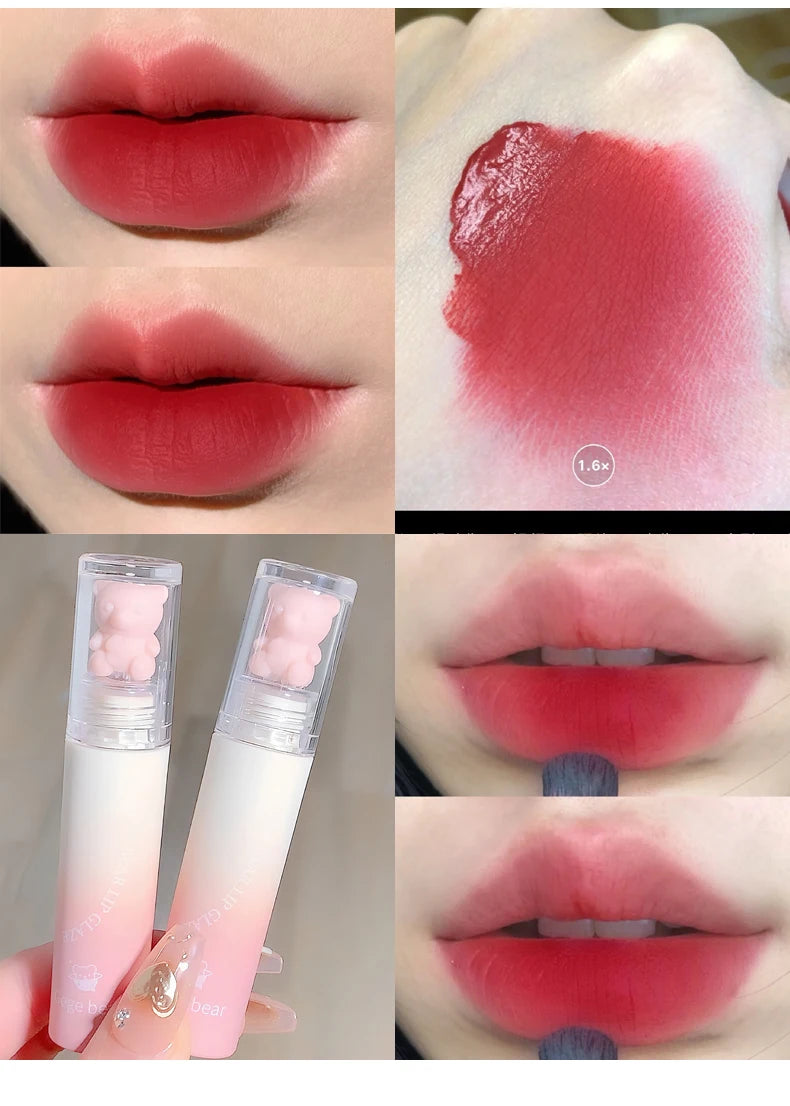 Pink Bear Lip Glaze Mousse Matte Liquid Lipstick Cute Bear Waterproof Velvet Nude Brown Red Lip Mud Cheek Rouge Tint Cosmetics