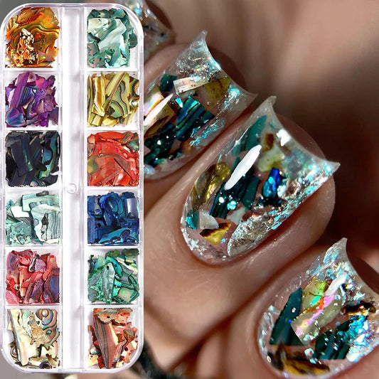 12Grids Glitter Mica Shell Nail Decoration Slice Texture Nail Sequins Broken Glass Mica Glitter Nails Accessories