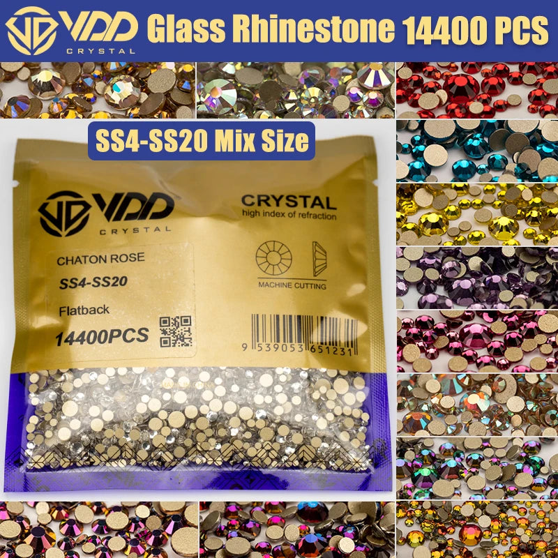 VDD 14400Pcs Wholesale SS4-SS20 Mix Size Glass Rhinestones Crystal Non-hotfix Gold FlatBack Stones For DIY Nail Art Accessories