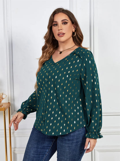 GIBSIE Plus Size Gold Print Frill Trim V-Neck Blouse Women Spring Fall Buttons Casual Long Sleeve Ladies Tops And Blouses 2023