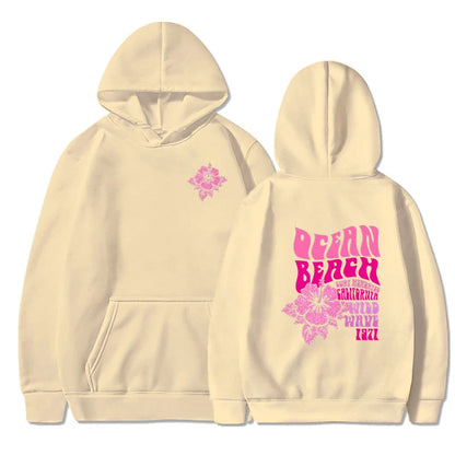 Women Fashion Casual Hoodies Ocean Beach Flower Slogan Front and Back Pink Sweatshirts Beach Aesthetic Pullover Trip Hoodie Tops