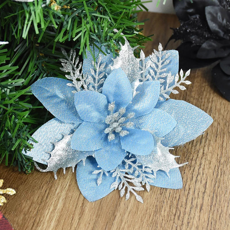 5/10Pcs Glitter Artificial Christmas Flowers Large Xmas Tree Flower Hanging Ornament Christmas Decor For Home New Year Navidad