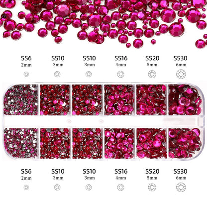 12grids Red Nail Gems Rhinestones 2/3/4/5mm Flat-Back Nail Crystal Diamond SS6/10/16/20/30 Mixed Luxury Glass Rhinestones Charms