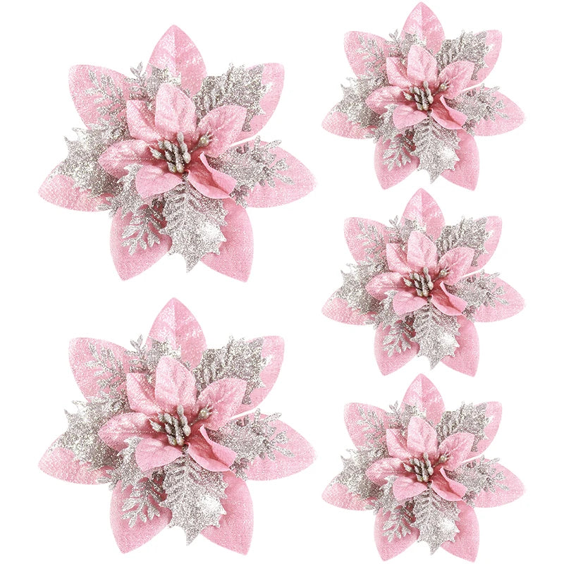 5/10Pcs Glitter Pink Christmas Flowers Xmas Tree 14cm Artifical Flower Ornaments 2024 Christmas Decoration For Home New Year