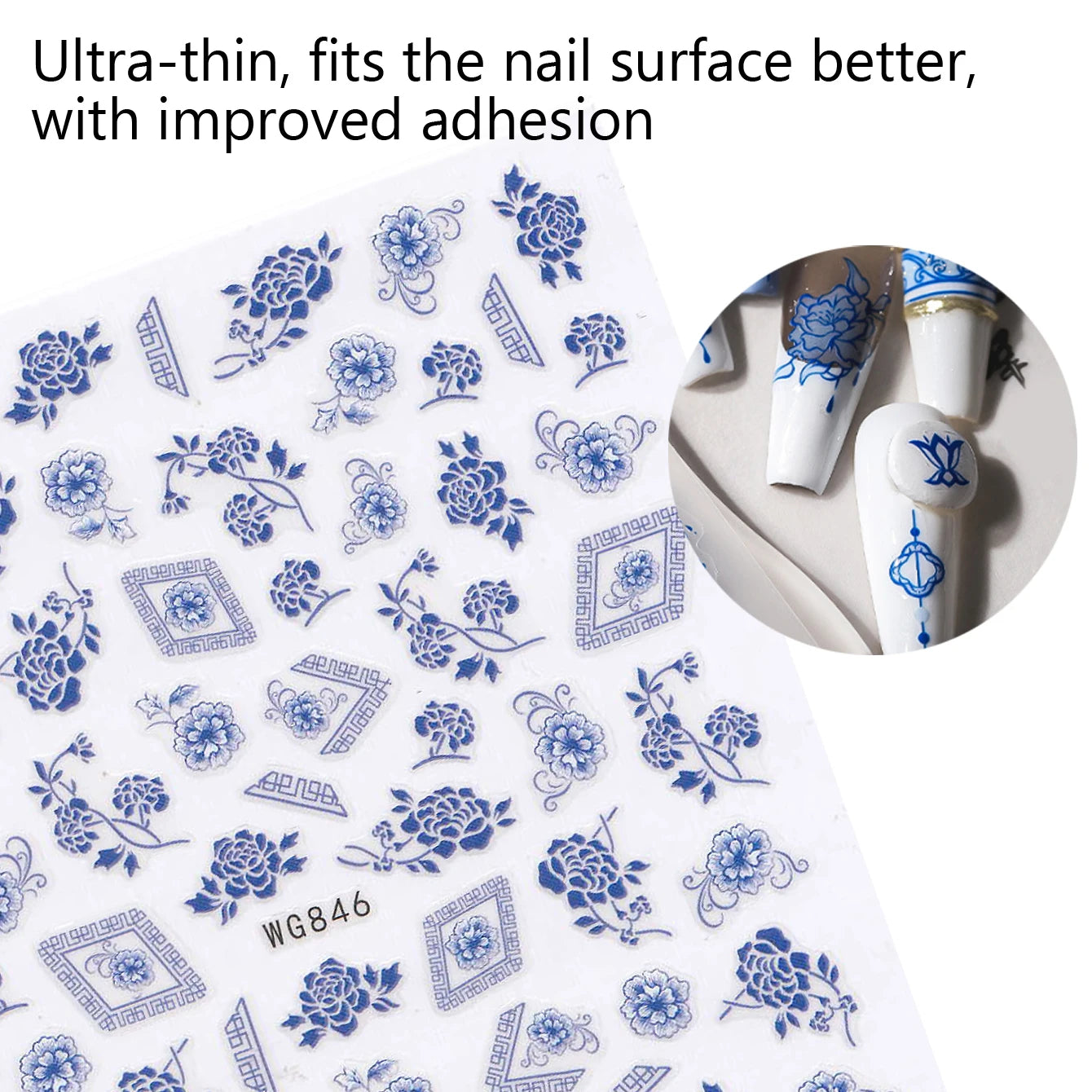 Retro Blue and White Porcelain Design 3D Nail Stickers, Self-Adhesive Slider Decals, Manicure Tips, DIY Accessories, 1Pc