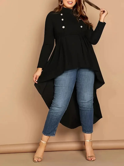 GIBSIE Plus Size Black Mock Neck Button Front Women Blouses 2024 Autumn New Fashion Long Sleeve Asymmetrical High Low Tops