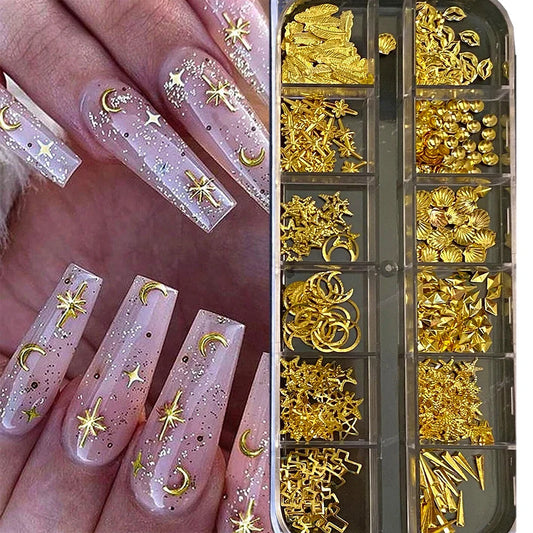 12Grids Moon Star Nails Gold Metallic Nail Sequins Charms 3D Nail Art Tips Decoration  3D Metal Moon Star Sun Bead Rivet Nail Je