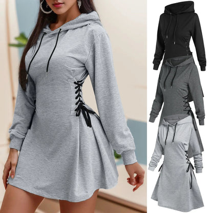 Women Tie Waist Mini Dress Hoodies V Neck Long Sleeves Slim Fit Hoodies Sweatshirts Ladies Fashion Long Solid Drawstring Hoodies