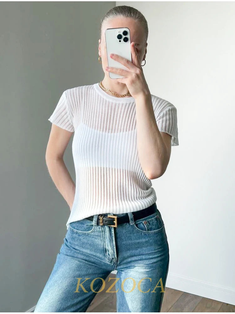 Kozoca 100% Wool Chic White Elegant Striped See Through Women Tops Outfits Short Sleeve T-Shirts Tees Skinny Club Party Clothes