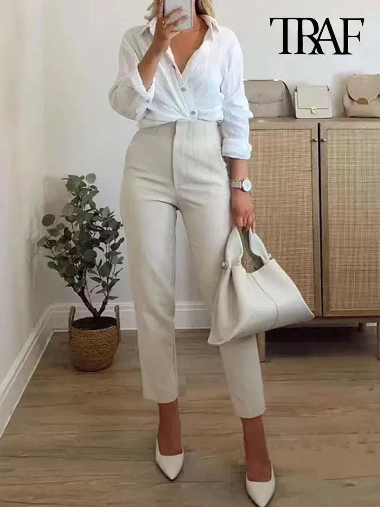 TRAF Women Fashion With Pockets Casual Basic Solid Pants Vintage High Waist Zipper Fly Female Ankle Trousers Pantalones Mujer