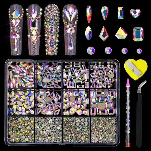 12Grid Multi-Shaps Rhinestones AB Flat Bottom Colorful Diamond Gems For Nail Art Decoration With Tweezer Drill Pen Manicure Tool