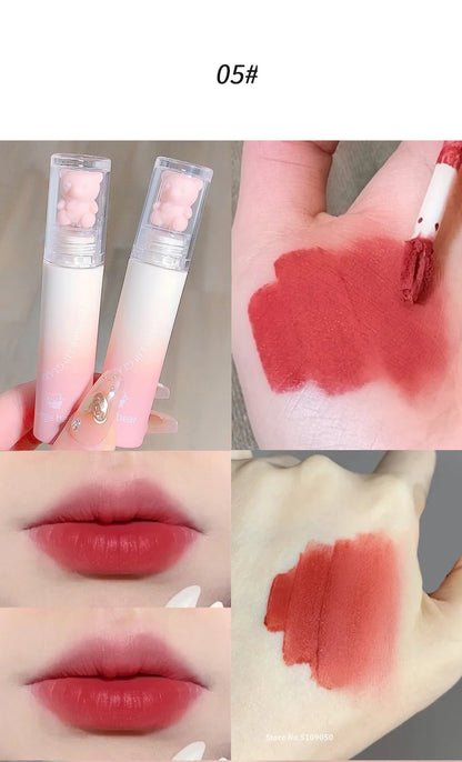 Pink Bear Lip Glaze Mousse Matte Liquid Lipstick Cute Bear Waterproof Velvet Nude Brown Red Lip Mud Cheek Rouge Tint Cosmetics