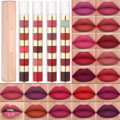 Matte Lipstick 5-in-1 Lipstick Set Highly Pigmented Waterproof Lasting Combination Lip Gloss Makeup Non-Stick Liquid Lipstick