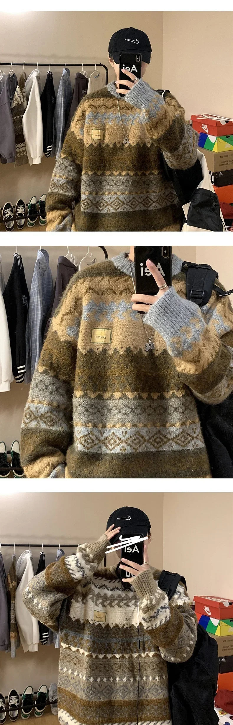 Casual Vintage Thickened Ins Trendy Round Neck Men's Sweater Idle Style Knitted Top For Youth Student Fashion