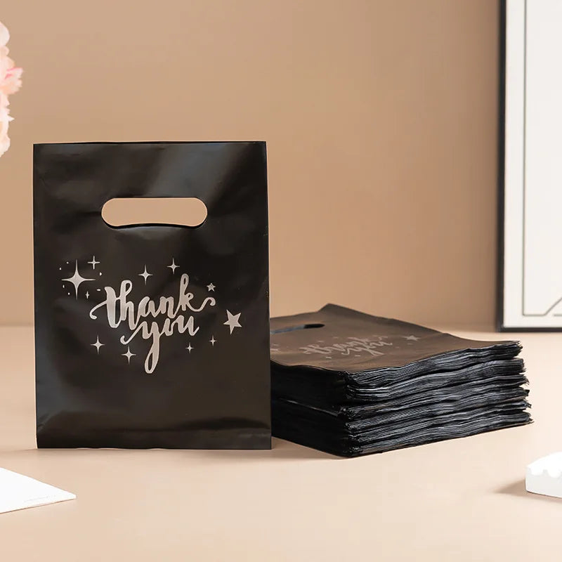 10 PCS Black Thank You Gift Bags With Handle Plastic Pink Packing Bag For Small Business Wedding Birthday Shopping Storage Bag