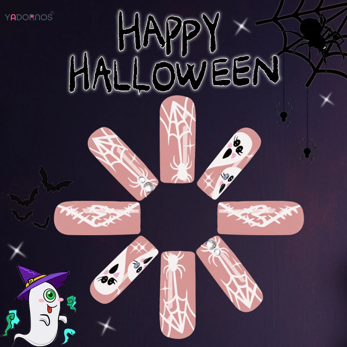 Halloween Pink Press on Fake Nails Long Coffin Square Head False Nails White Ghost Spider Web Designs Women Full Cover Nail Tips