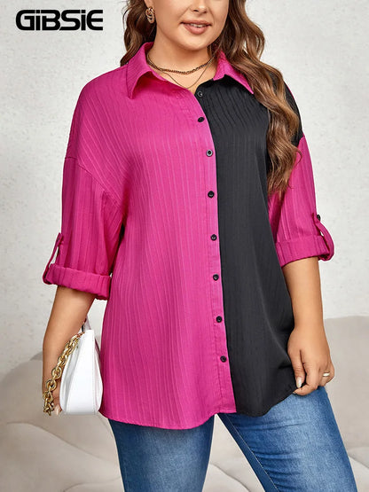 GIBSIE Plus Size Drop Shoulder Roll up Long Sleeve Shirt Women 2023 Spring Fall Colorblock Loose Casual Button Down Blouses Tops