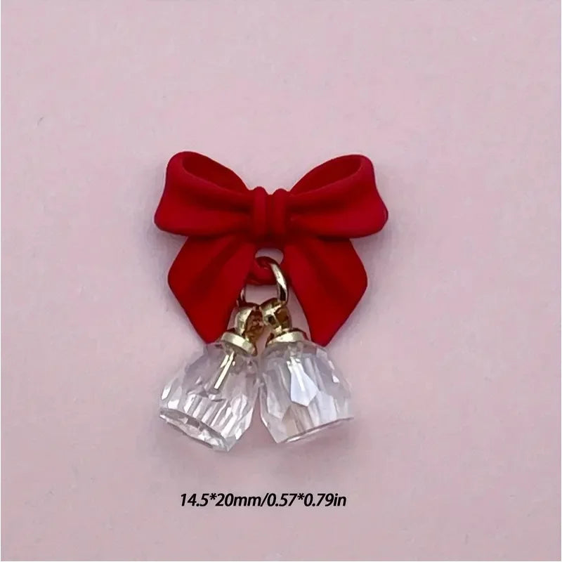 5pcs Festive Christmas Bell Red Bowknot Nail Art Charms New Year 2025 Luxury Crystal Aurora Bell Pendant Nail Decoration Parts