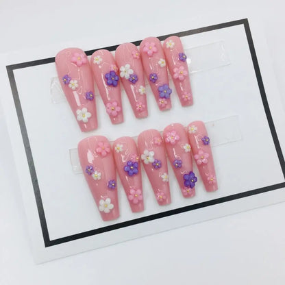 Handmade Press On Nails Hello Kitty Butterfly Rhinestones Full Cover Ballerina Manicuree Decoration Wearable Nail Party Sticker