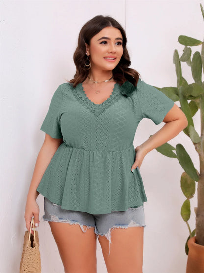 GIBSIE Plus Size Summer New Splicing Lace V-neck Peplum Blouse Women Fashion Short-sleeved  Female Casual Boho Tops and Blouses