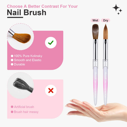 Kolinsky Sable Acrylic Brush Crimped UV Gel Carving Pen Liquid Powder DIY Manicure Nail Drawing Hot Pink Art Brushes Tools