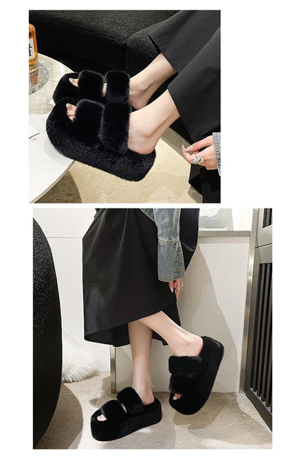 Woman Furry Ladies Fur Luxury Fluffy Plush Slipper House Soft Fuzzy Platform Indoor Casual Winter Home Warm High Heels Female