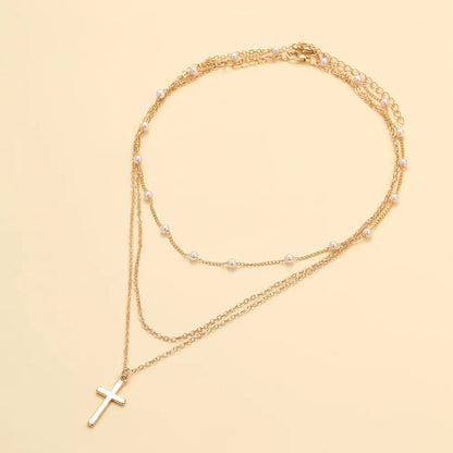 Summer New Creative Simple Temperament Lady Pearl Cross Multi-layer Necklace