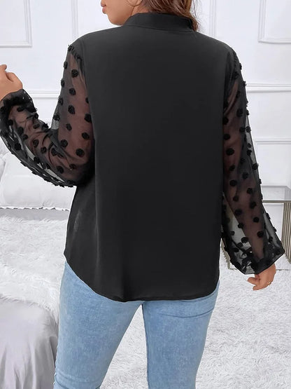 GIBSIE Plus Size Elegant Bow Tie Neck Mesh Sleeve Top Blouse Women Spring Autumn Lantern Sleeve Office Lady Black Shirt Blouses