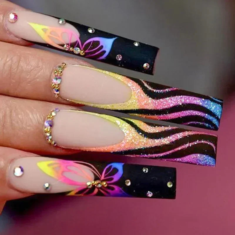 24Pcs Wearable Colorful Butterfly Designs French Press on Nails Long Ballet False Nails with Rhinestone acrylic Fake Nails tips