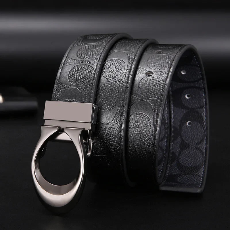 Fashion Light Luxury C-Headed Men's Double Sided Belt Cowhide Embossed Belt Business Belt Printing Daily Matching Jeans Belt