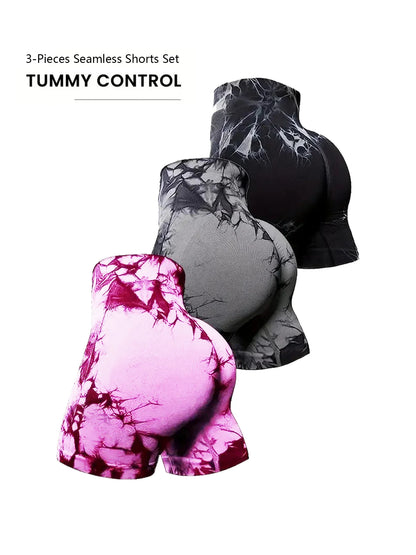 3-piece seamless tie-dye high waist shorts set, tummy control activewear, women's compression fit sports shorts, yoga pants cycl