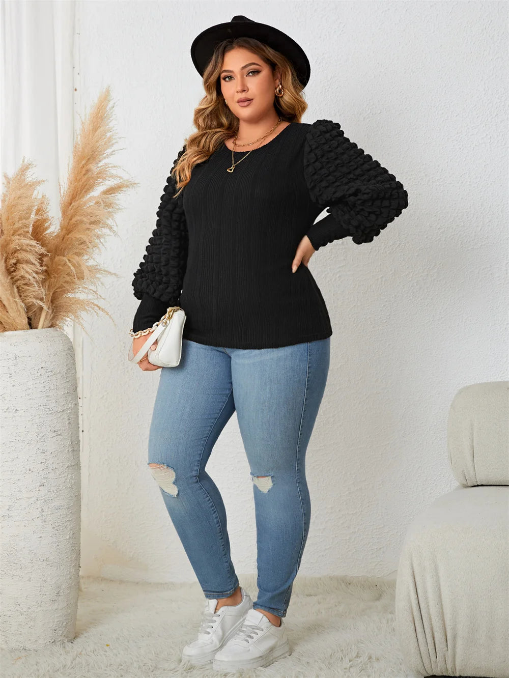 GIBSIE Plus Size Long Sleeve O-Neck Blouses for Women Fashion 2023 Spring Fall New Black Elegant Office Ladies Tops Blouse