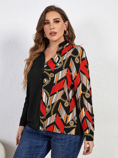 GIBSIE Plus Size Notched Neck Chain Print Colorblock Women Shirts 2023 Spring Fall Fashion High Street Long Sleeve Tops Blouses