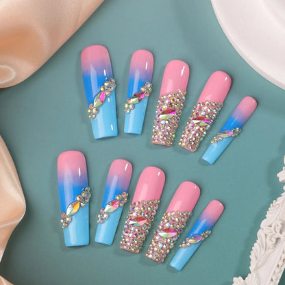 10Pcs Colorful False Nails Super Long Coffin Press on Nails With Rhinestone Wearable Fake Nails Party Drama Finger Nail