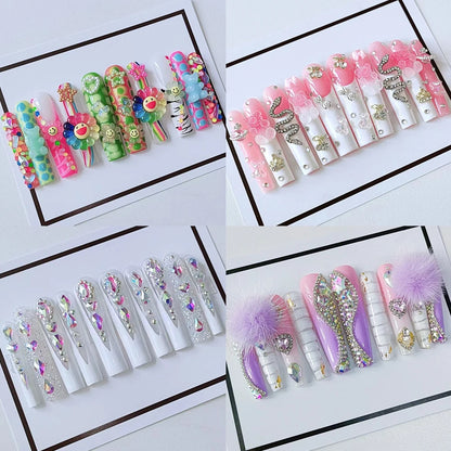 Handmade French XXL Stiletto Long Square Fake Nails Ab Full Diamond 3D Butterfly Flower Zebra Stripe Press On Nails Woman Gift