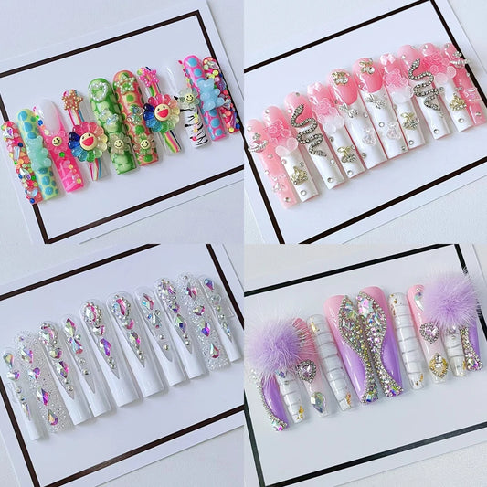 Handmade French XXL Stiletto Long Square Fake Nails Ab Full Diamond 3D Butterfly Flower Zebra Stripe Press On Nails Woman Gift