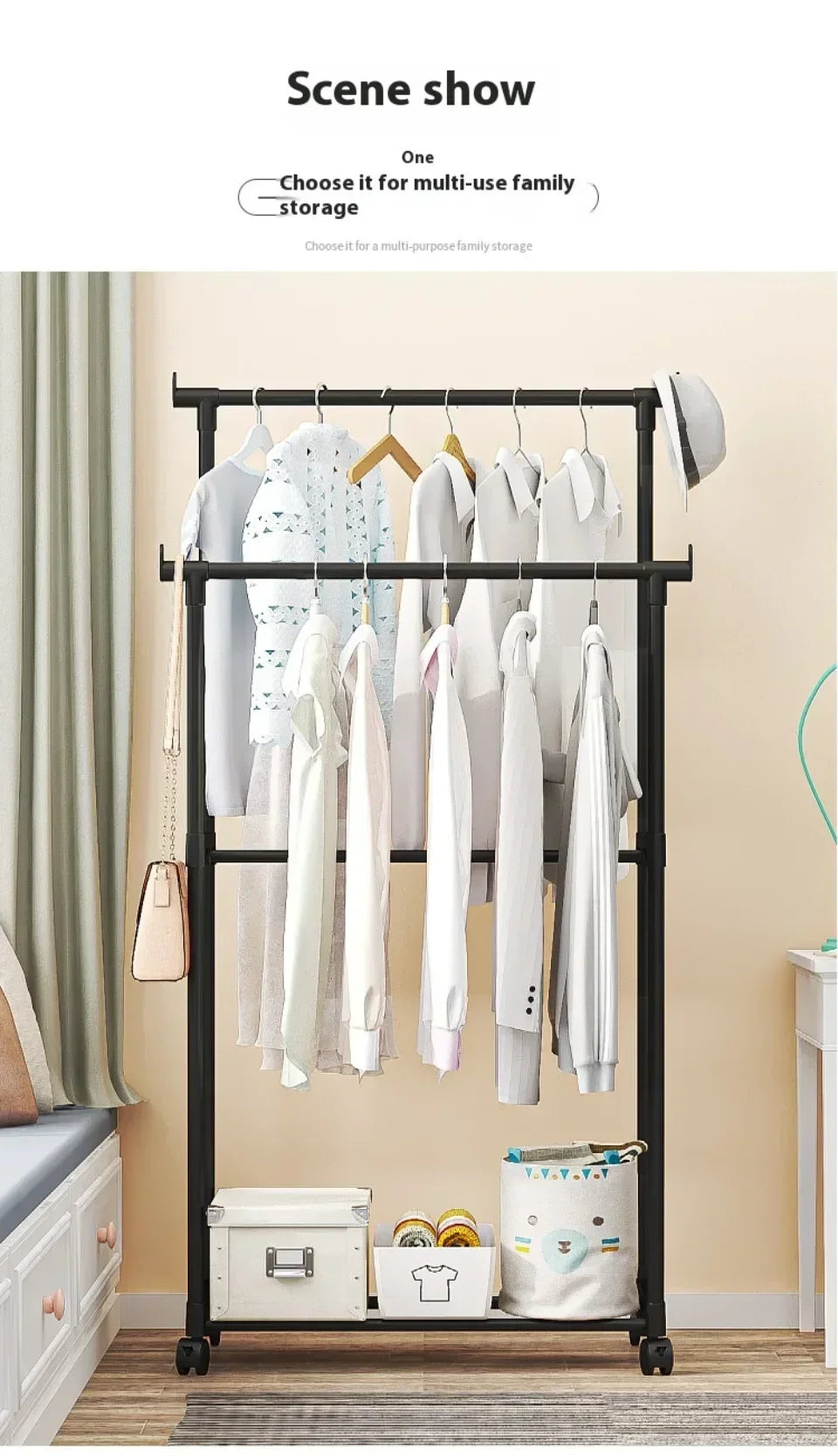 Coat Rack Movable Double Clothes Shelf Simple Rod Clothes  Floor-Standing Bedroom Telescopic Floor Hangers Storage Coat Rack