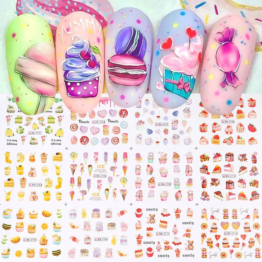 Sweet Desserts Nail Art Water Transfer Decals Stickers Mix Macaron Cake Candy Drink Ice Cream Cartoon Sliders Wholesale LABN2701