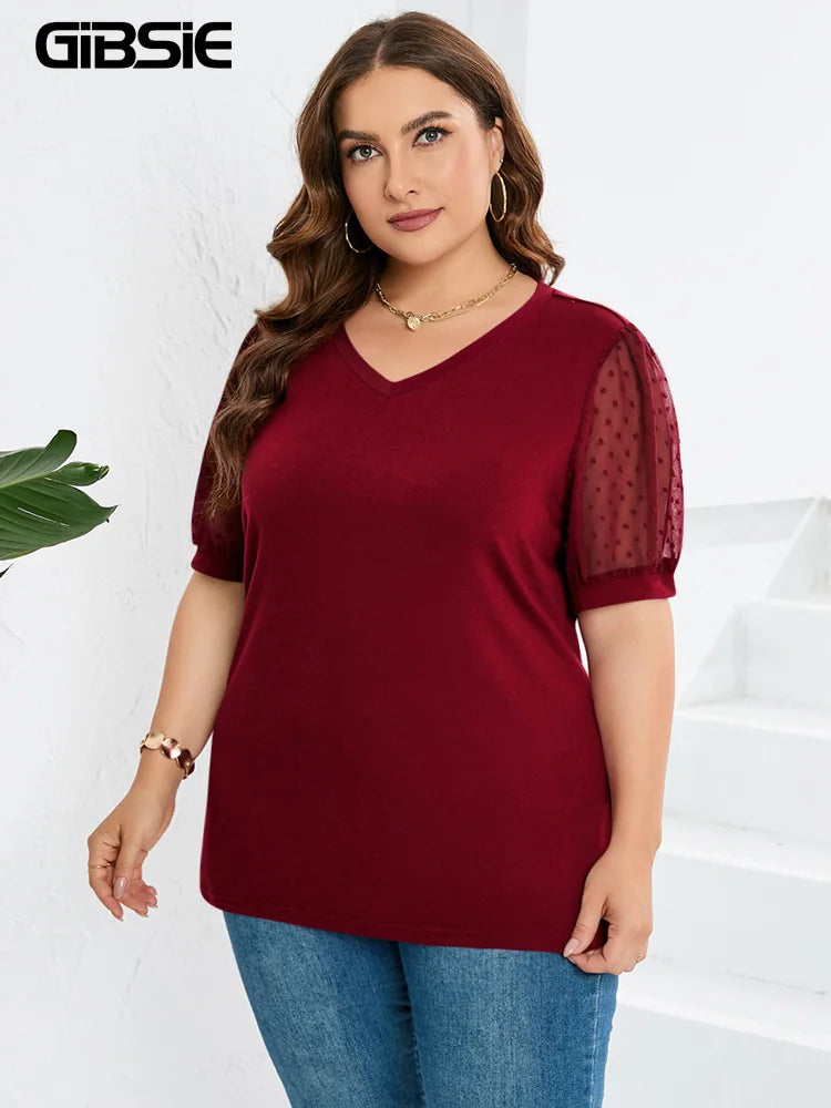 GIBSIE Plus Size Solid V-neck Swiss Dot Puff Short Sleeve T Shirt Women 2023 Fashion Summer Loose Casual Female T-Shirts Tops