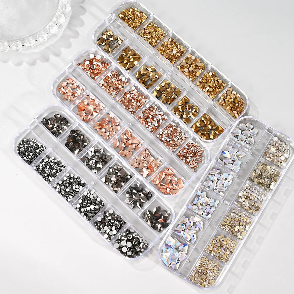 1000pcs+ Royal BlueNail Rhinestones 12 Grids Mixed Shaped Non Hot Fix Flatback Crystal Charms 3D Glitter Nail Arts Rhinestones