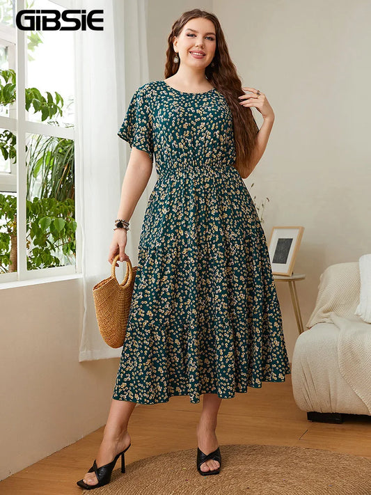 GIBSIE Plus Size Ditsy Floral O-Neck Ruffle Hem Dress Women Holiday Boho Summer Short Sleeve Elastic A-line Casual Long Dresses