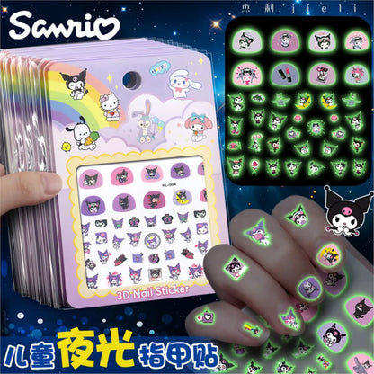 5pcs/set Luminous Kuromi 3D Nail Stickers Sanrio Melody Hello Kitty Nail Art Decoration Stickers Kids Fun Anime Manicure Decals