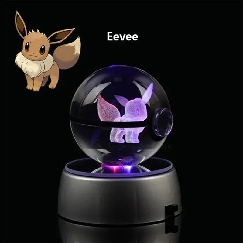 Pokemon 3D Crystal Ball Pikachu Figure Pokeball Engraving Crystal Charizard Model with Led Light Base Toys Anime Christmas Gift