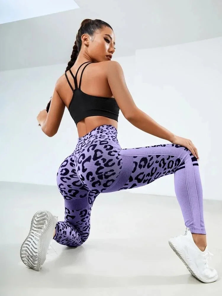 Women Leopard Seamless Yoga Pants High Waist Lifting Hip Honey Peach Hip Fitness Pants Yoga Suit Tight Running Sports Pants