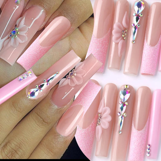 10Pcs Handmade Extra Long False Nail Tips Rhinestone Pearls Full Cover Fake Nail Wearable Press ON Fake Nails Detachable Finishe