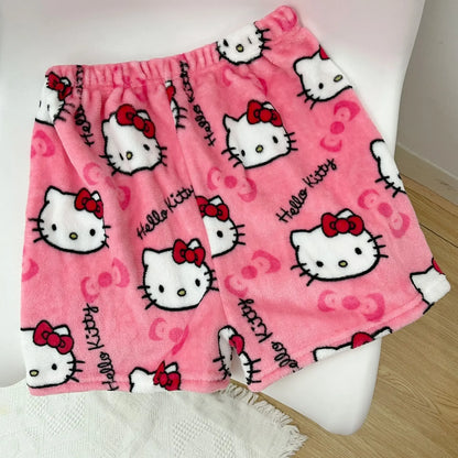 Sanrio Hello Kitty Y2k Kawaii Anime Flannel Pajamas Women'S Warm Woolen Cartoon Casual Home Pants Autumn Winter Fashion Trousers